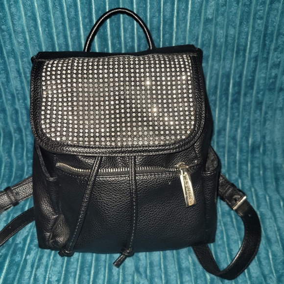 Steve Madden Handbags - Small Rhinestone Crystal Steve Madden Designer Black Leather Backpack